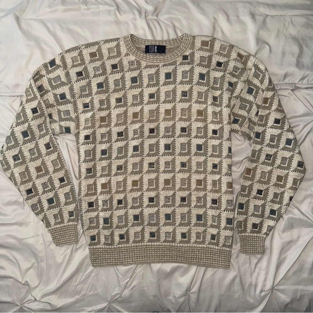 Vintage TSR USA Mens Knit Sweater Sz L Pullover Crew‎ Neck Geometric 80s 90s